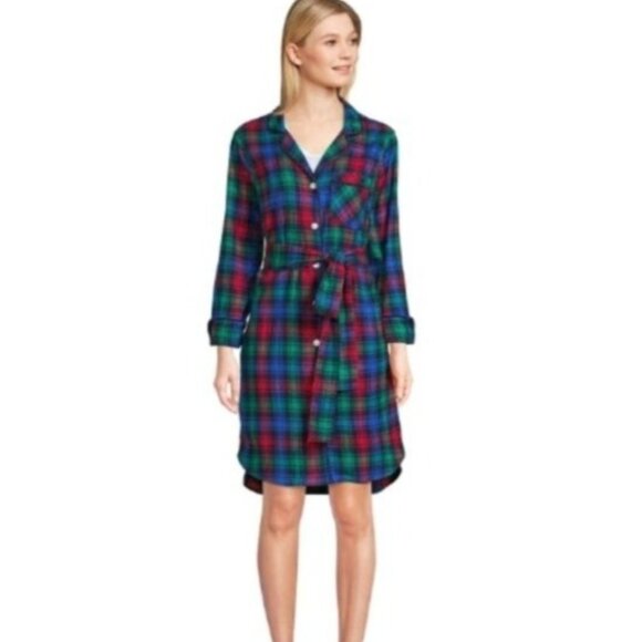 Lands End Robe Womens Medium Red Blue Plaid Flannel Sleepshirt Nightgown - Picture 1 of 8